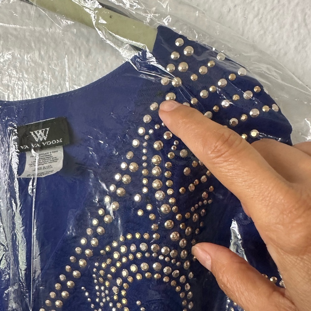 Va Va Voom Royal Blue Beaded Long Sleeve Body Con Medium Mini Dress Brand New - Picture 8 of 9